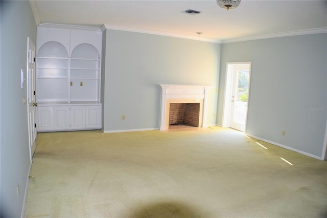 unfurnished living room with crown molding and light colored carpet