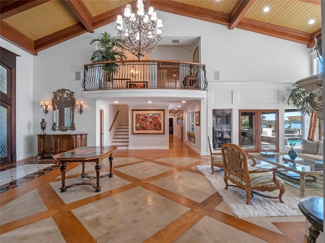 living room featuring wood ceiling, high vaulted ceiling, and french doors