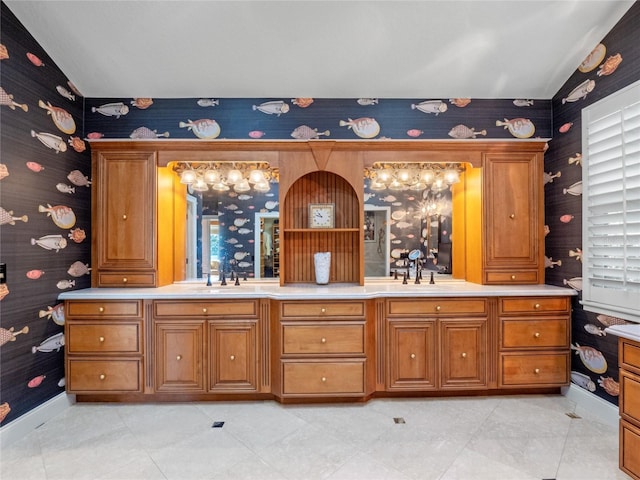 bathroom featuring vanity and vaulted ceiling