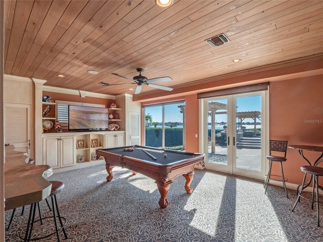 game room with carpet flooring, ceiling fan, french doors, wood ceiling, and pool table