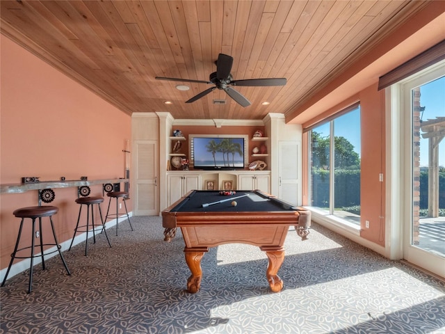 game room with a wealth of natural light, ceiling fan, wooden ceiling, and billiards