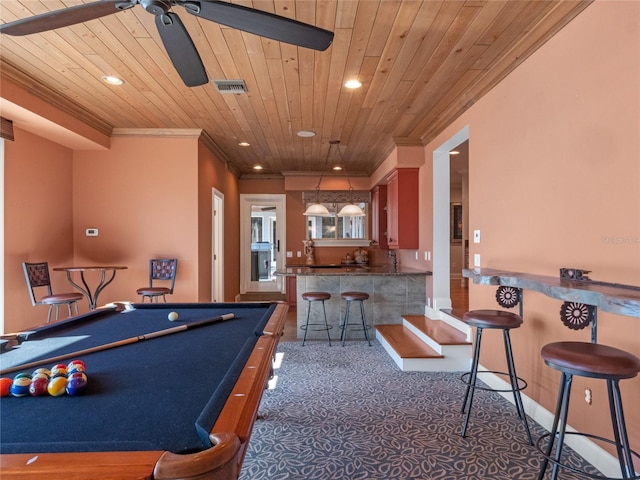 playroom with crown molding, bar, wooden ceiling, and billiards