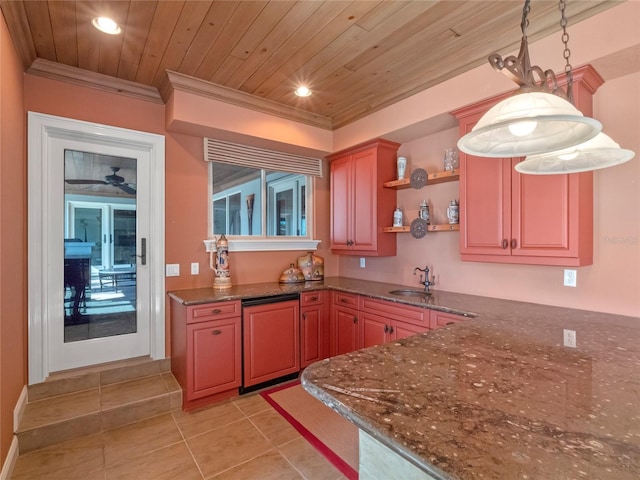 kitchen with wood ceiling, crown molding, sink, light tile patterned floors, and hanging light fixtures