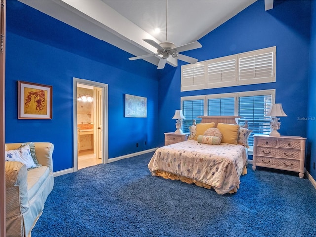 carpeted bedroom featuring ensuite bathroom, ceiling fan, and high vaulted ceiling