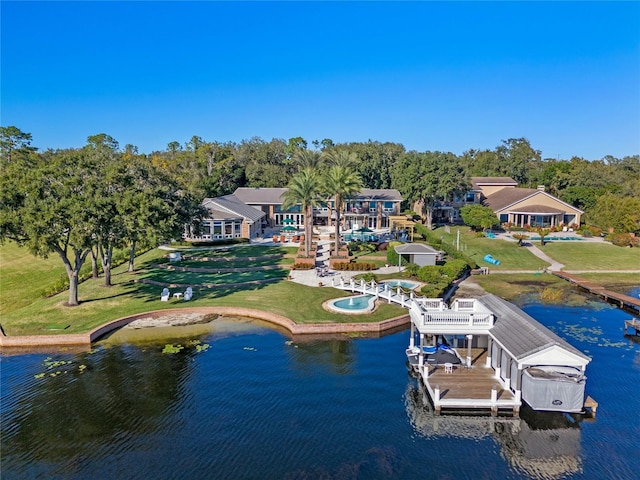 aerial view featuring a water view