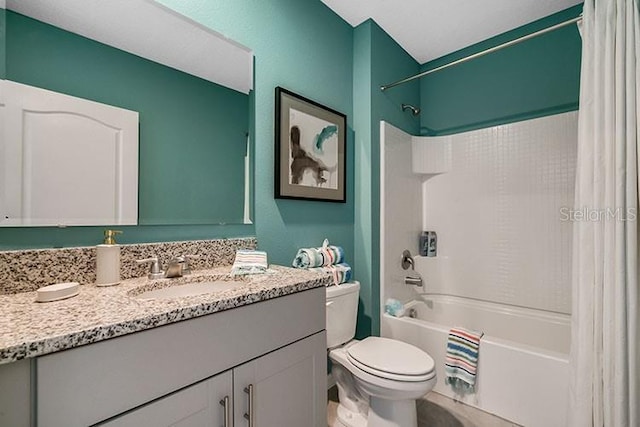 full bathroom with vanity, toilet, and shower / bathtub combination with curtain