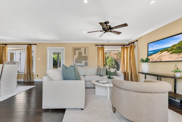 living room featuring ceiling fan, dark hardwood / wood-style floors, and ornamental molding