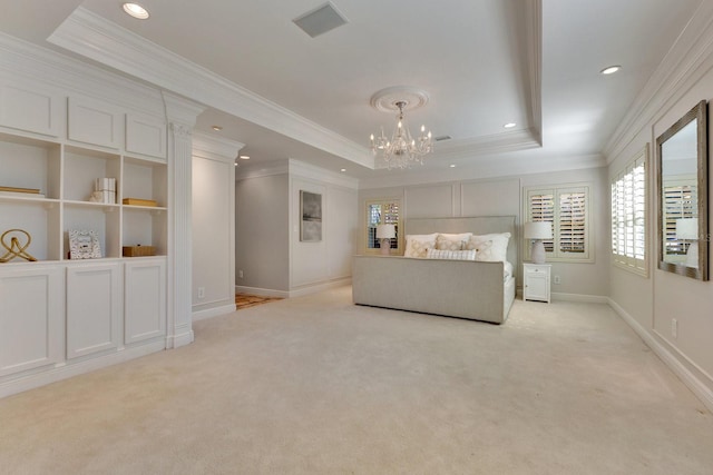 unfurnished bedroom with light carpet, crown molding, a raised ceiling, and a notable chandelier