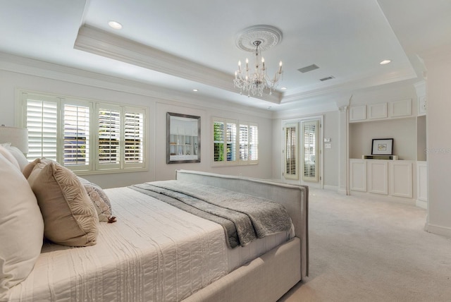 carpeted bedroom with a raised ceiling, a chandelier, crown molding, and multiple windows