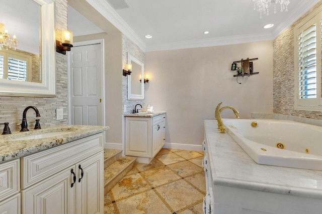 bathroom featuring a tub, crown molding, and vanity