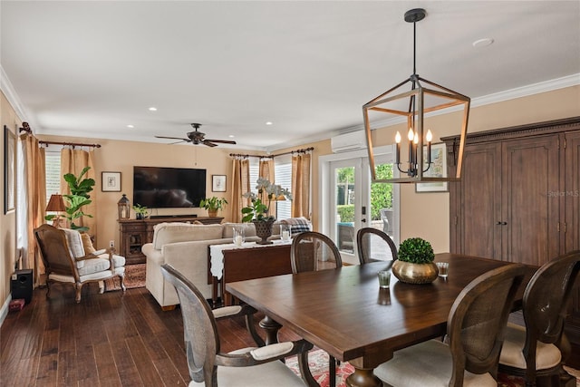 dining room featuring a wall unit AC, dark wood-type flooring, ornamental molding, and french doors