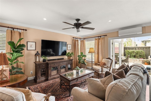 living room featuring ceiling fan, a wall mounted AC, ornamental molding, and hardwood / wood-style flooring