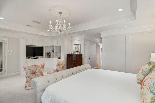 bedroom featuring light colored carpet, a raised ceiling, crown molding, and an inviting chandelier