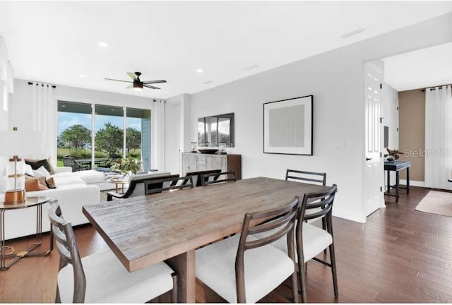 dining area featuring ceiling fan and dark wood-type flooring