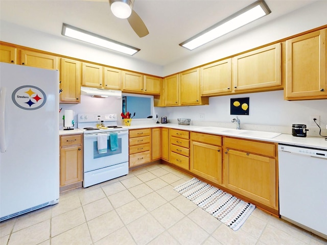 kitchen with ceiling fan, sink, light tile patterned floors, and white appliances