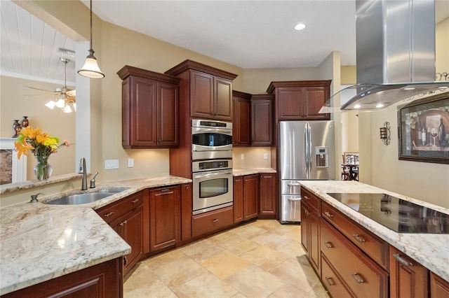 kitchen with pendant lighting, sink, ornamental molding, island exhaust hood, and stainless steel appliances