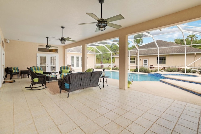 view of swimming pool featuring outdoor lounge area, glass enclosure, french doors, a patio area, and an in ground hot tub