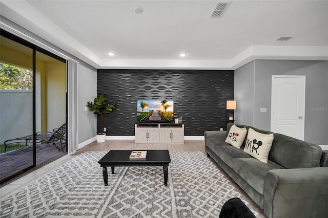 living room featuring tile patterned flooring