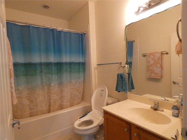 full bathroom featuring tile patterned flooring, vanity, toilet, and shower / bathtub combination with curtain