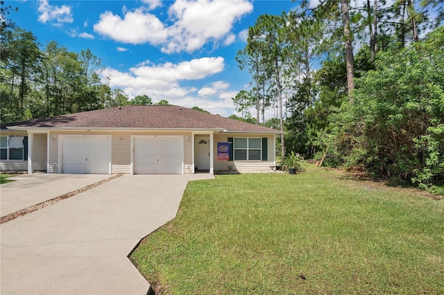 single story home featuring a front lawn and a garage