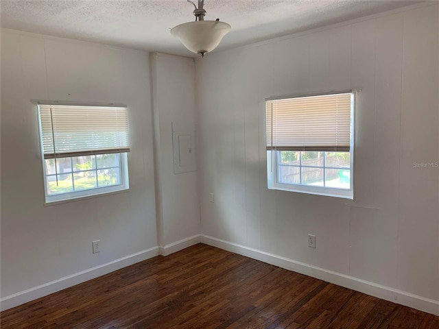 unfurnished room with a textured ceiling, dark hardwood / wood-style floors, and a wealth of natural light