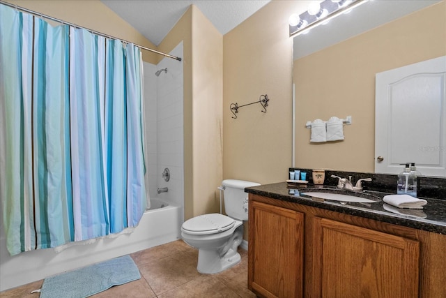 full bathroom with shower / tub combo, tile patterned floors, vanity, toilet, and lofted ceiling