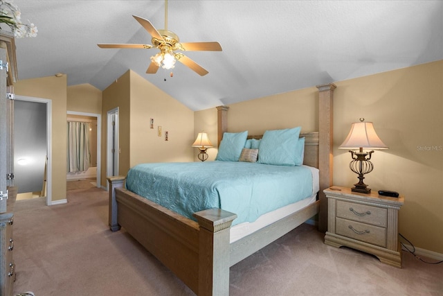 bedroom with carpet floors, ceiling fan, and lofted ceiling