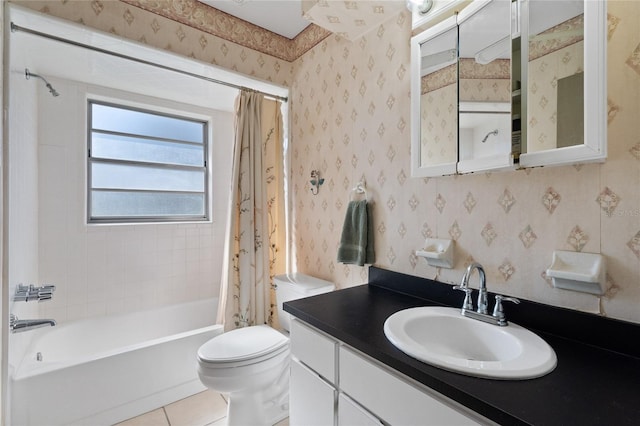 full bathroom featuring tile patterned floors, vanity, shower / bathtub combination with curtain, and toilet