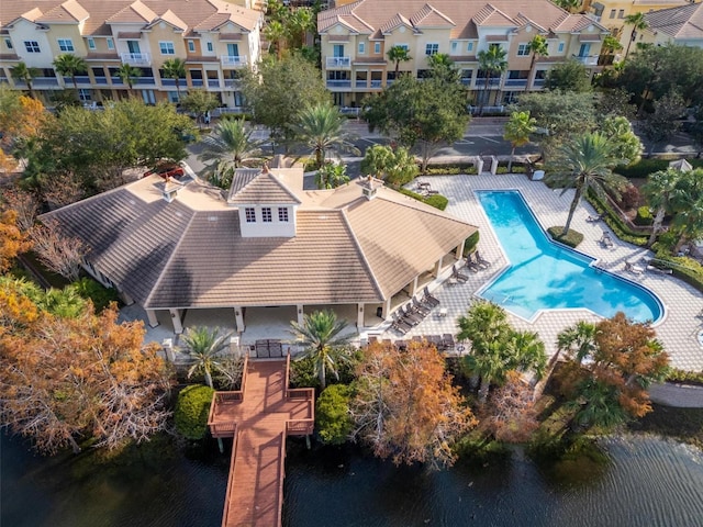 drone / aerial view with a water view