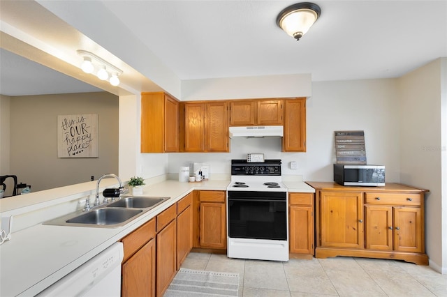 kitchen with sink, light tile patterned flooring, kitchen peninsula, white dishwasher, and electric stove