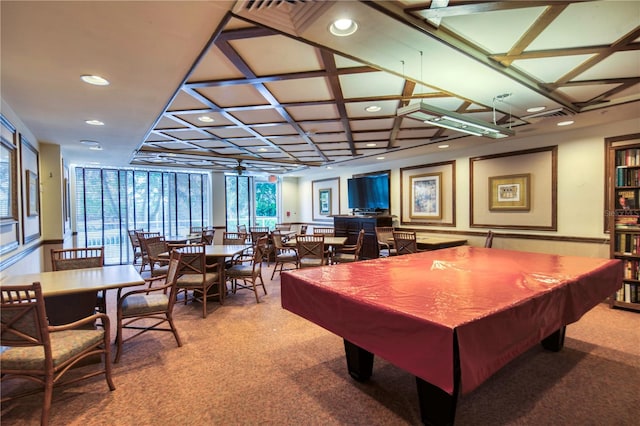 game room with carpet flooring, floor to ceiling windows, coffered ceiling, and billiards