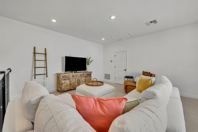 living room featuring light carpet