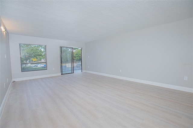 empty room with a textured ceiling and light hardwood / wood-style floors