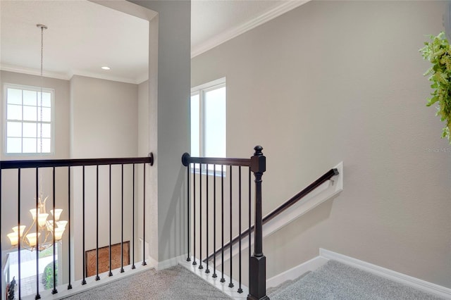 stairway featuring a chandelier, carpet floors, and crown molding