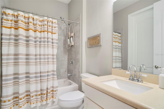 full bathroom with vanity, shower / bathtub combination with curtain, and toilet