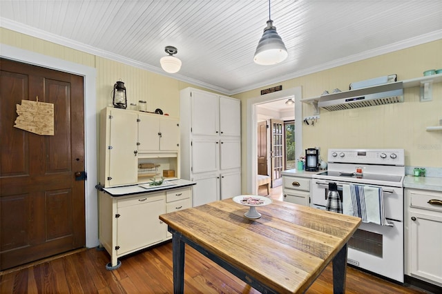 kitchen featuring extractor fan, dark hardwood / wood-style floors, pendant lighting, white cabinetry, and electric range