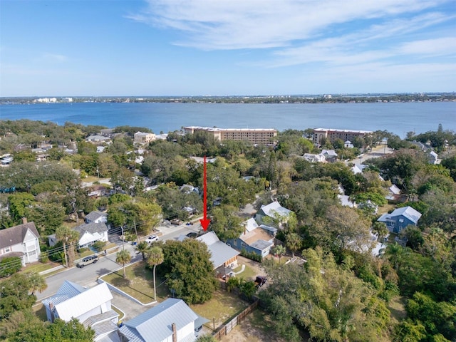 drone / aerial view featuring a water view