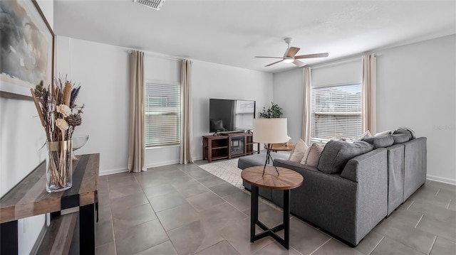 living room featuring ceiling fan