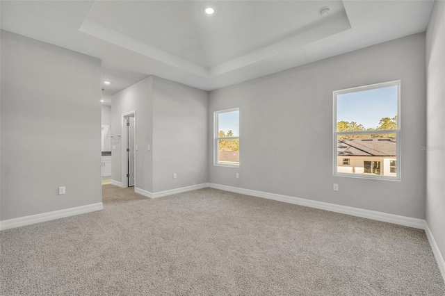 carpeted spare room with a tray ceiling