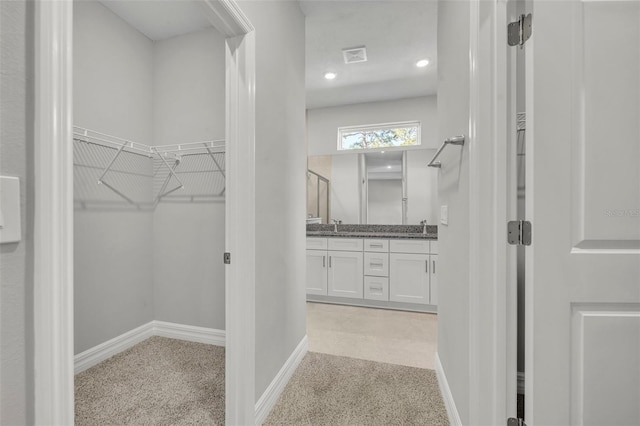 spacious closet with light colored carpet