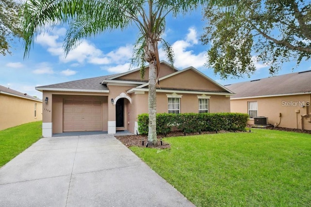 ranch-style house featuring central AC unit, a garage, and a front lawn