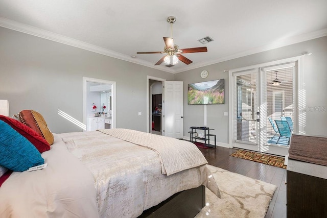 bedroom featuring ornamental molding, ceiling fan, access to exterior, and dark hardwood / wood-style flooring