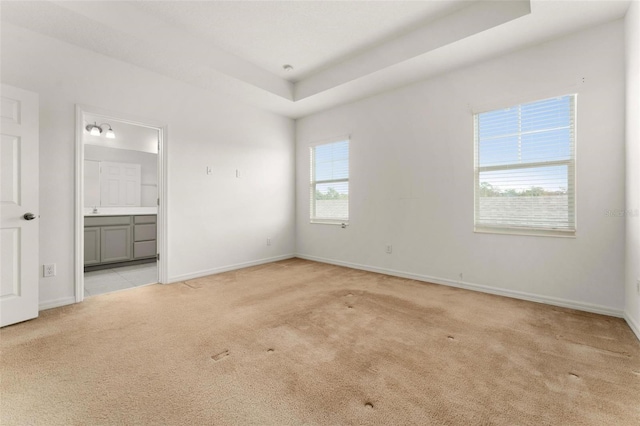 carpeted spare room featuring a tray ceiling