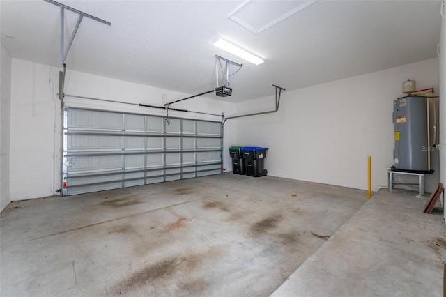 garage featuring a garage door opener and water heater