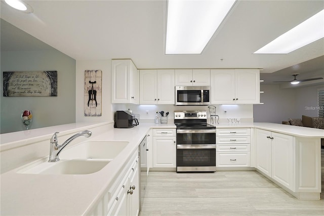 kitchen featuring sink, kitchen peninsula, white cabinets, and appliances with stainless steel finishes