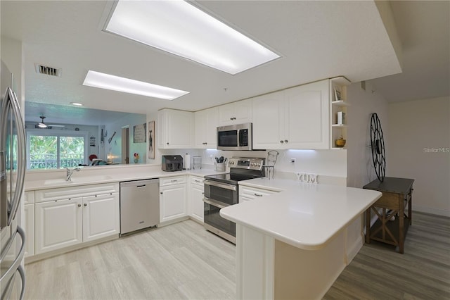 kitchen featuring stainless steel appliances, sink, white cabinets, and kitchen peninsula