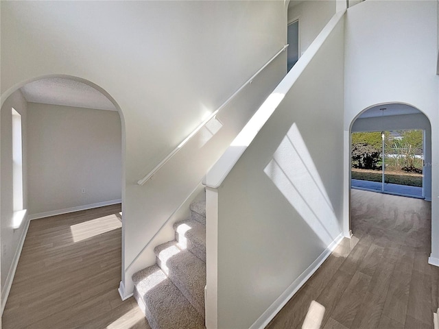 staircase featuring wood-type flooring