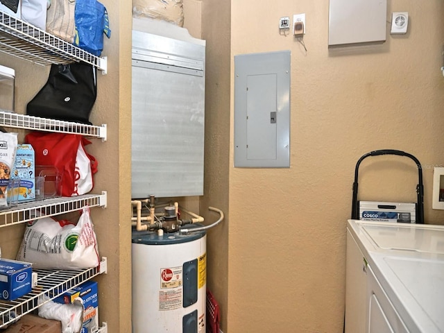 washroom featuring electric water heater, electric panel, and washer and clothes dryer