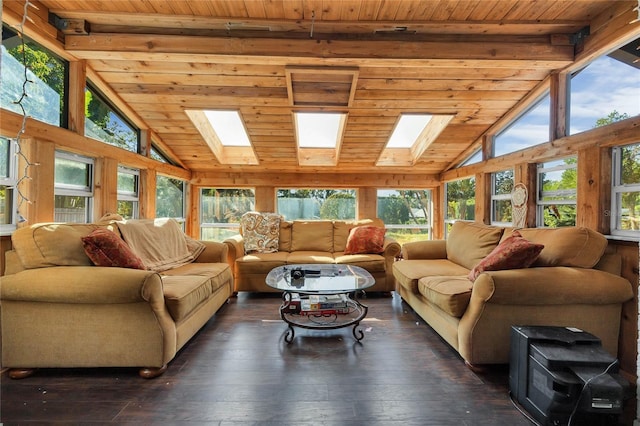 living room featuring beam ceiling, wood ceiling, dark wood-type flooring, and a skylight