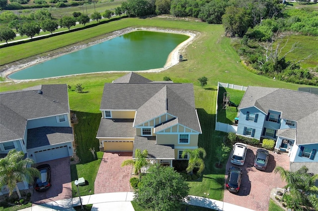 aerial view featuring a water view